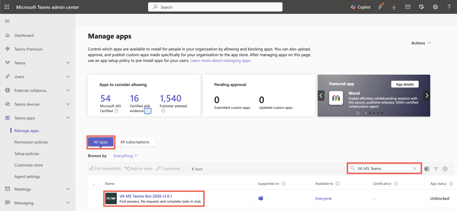 Microsoft Teams Apps portal, with three-dot menu icon highlighted.