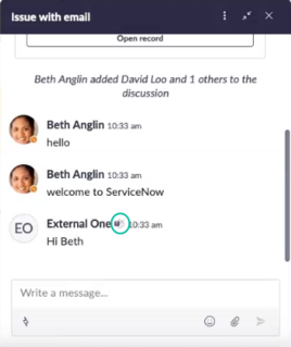 Discussion window with Microsoft Teams icon highlighted next to username External One.