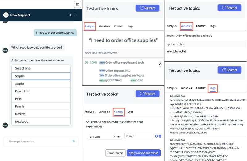 Conversation test tabs shown in the chat test window, with Analyze test phrases, Variables, Context, and Logs options highlighted.