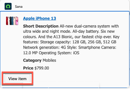 Catalog item shared with a user from Virtual Agent through Microsoft Copilot with an option to view.