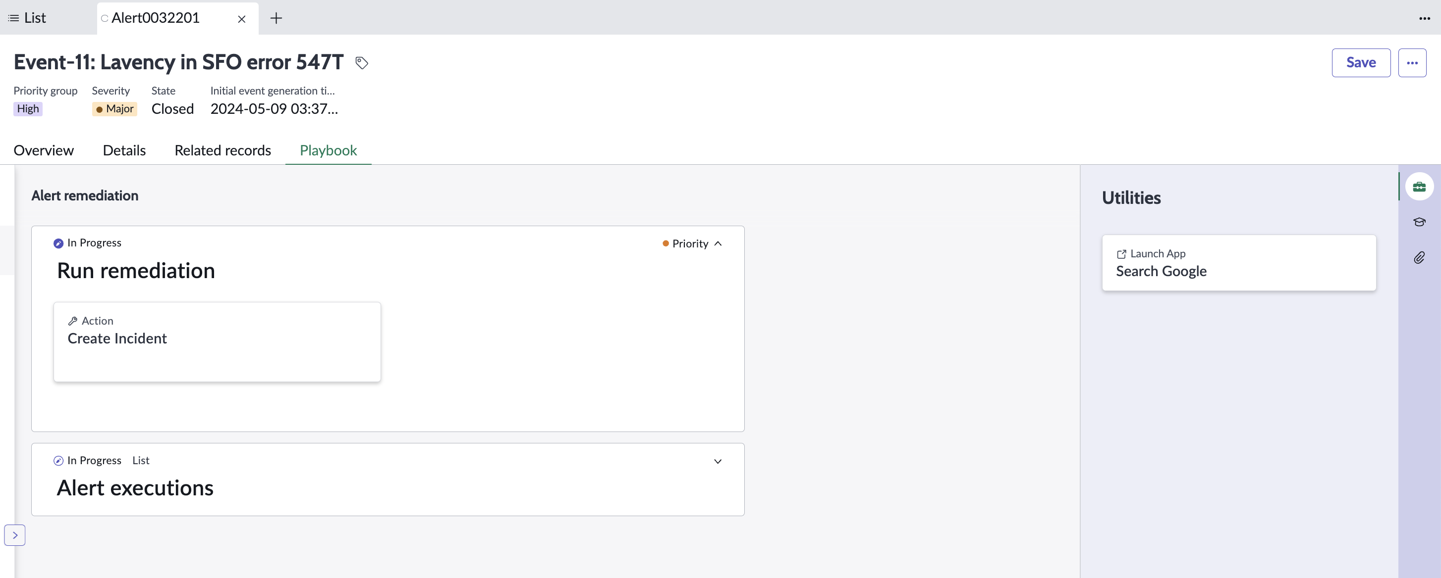 Um alerta exibido em uma guia separada com as subguias Visão geral, Detalhes, Registros relacionados e Playbook. A subguia Playbook mostra os cartões Executar correção e Execuções de alerta.