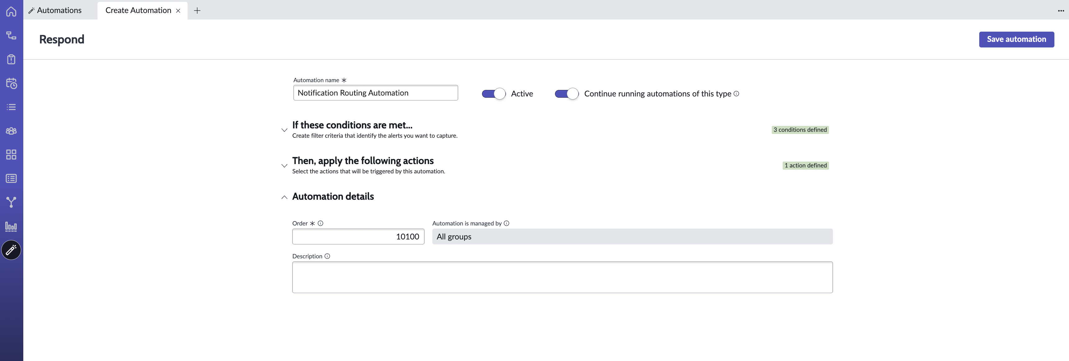 Seção Responder detalhes da automação