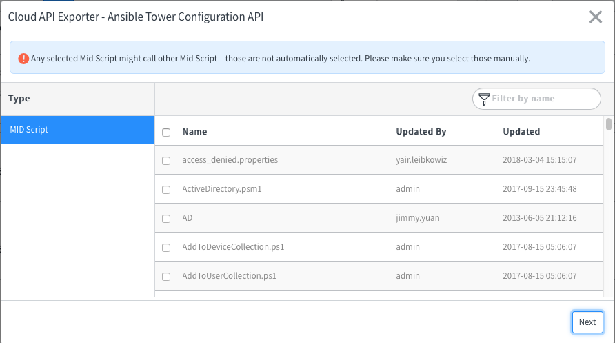 Janela do Exportador de API em nuvem