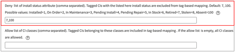 Lista de proibições usada para definir status de instalação e excluir ICs com esses status da descoberta baseada em tag.