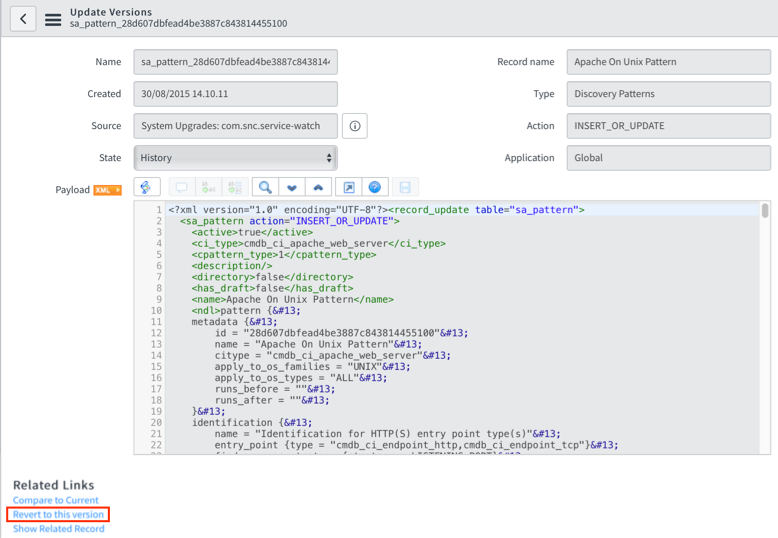 Selecionar a opção Reverter para esta versão