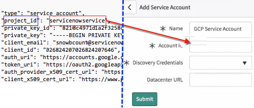Copie o valor de project_id para o campo ID da conta