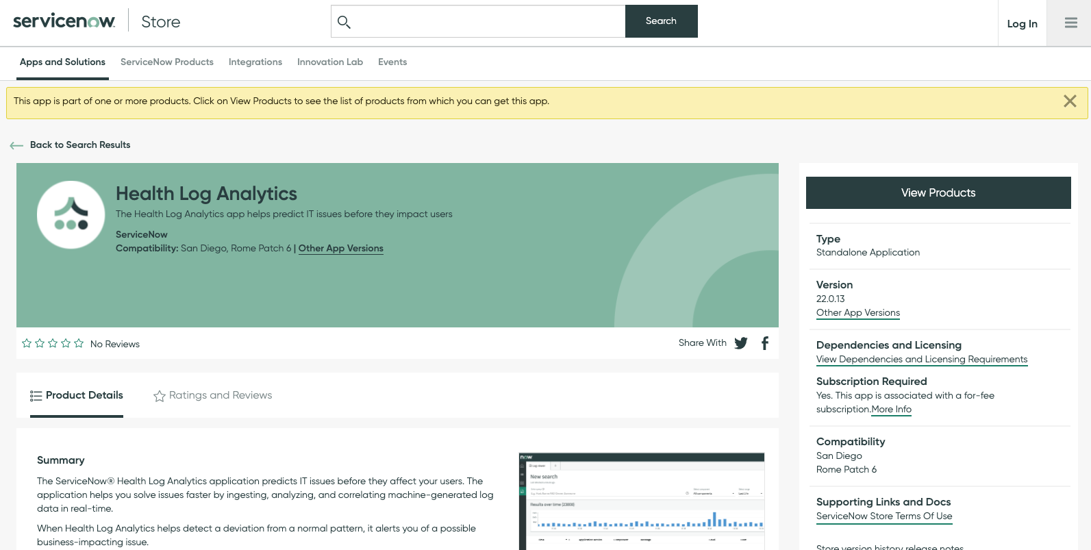 A página do produto do app Análise de logs de integridade na ServiceNow Store.
