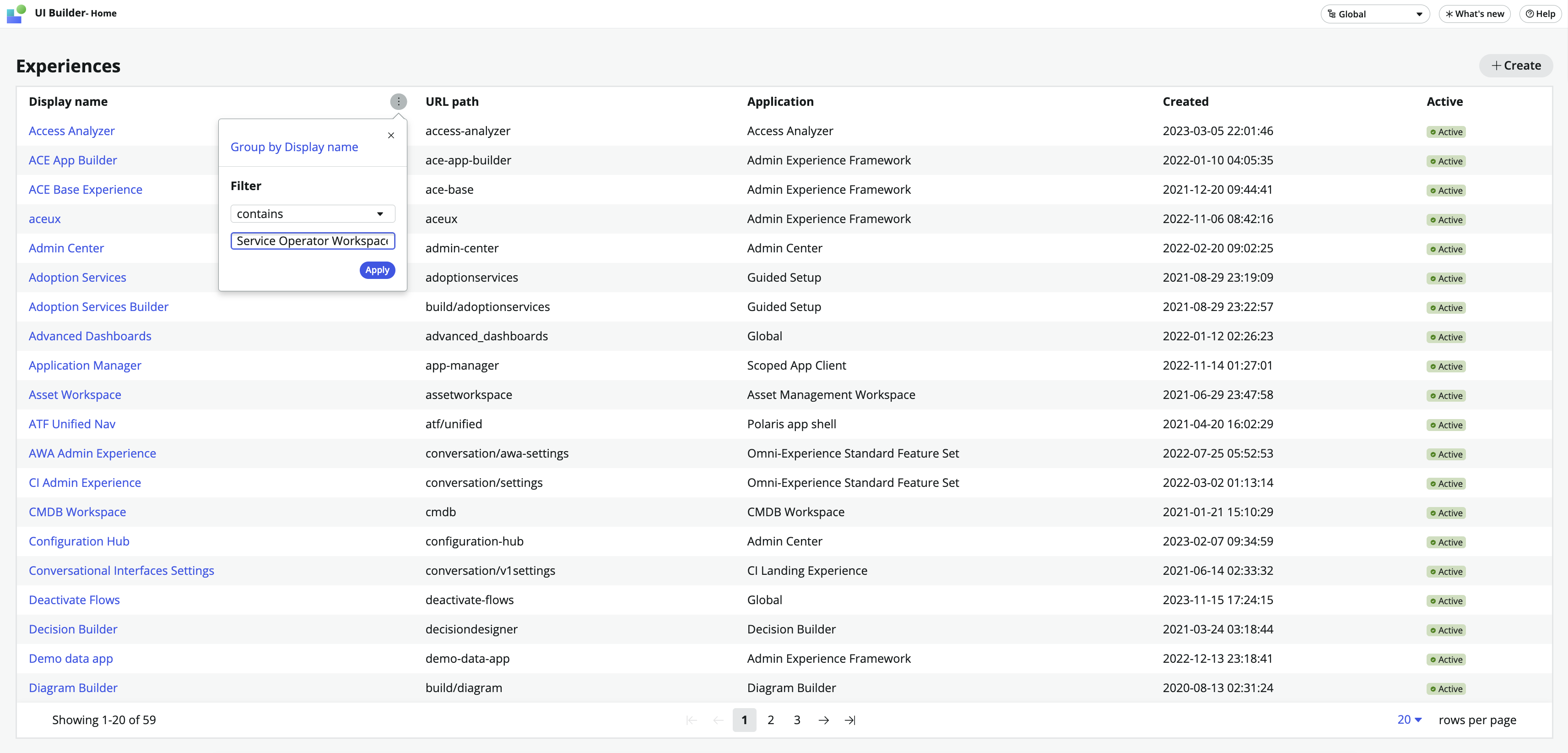 A página Experiências é aberta e você pode filtrar o campo Nome de exibição para pesquisar o Espaço de operações de serviços.