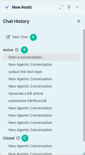 Messagerie instantanée premium du panneau Now Assist affichant la nouvelle messagerie instantanée, les conversations instantanées actives et fermées.