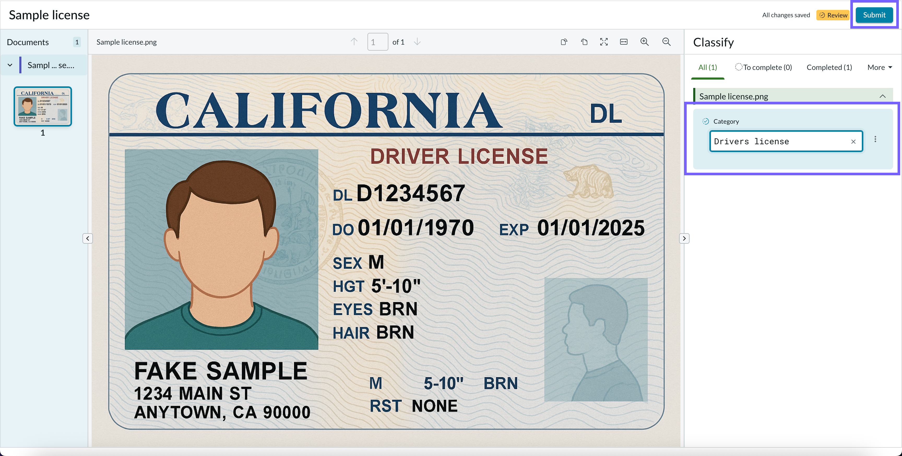 Document Intelligence workspace showing the license document with a review panel.