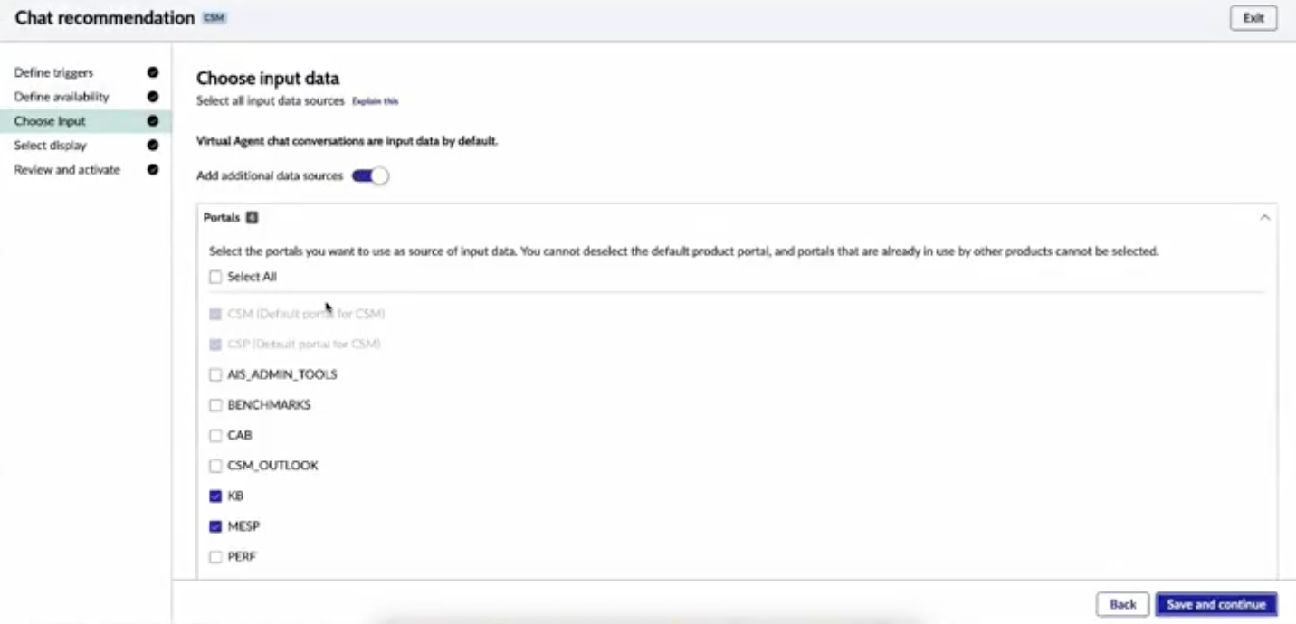 Entrées sélectionnées pour la recommandation de Now Assist messagerie instantanée.