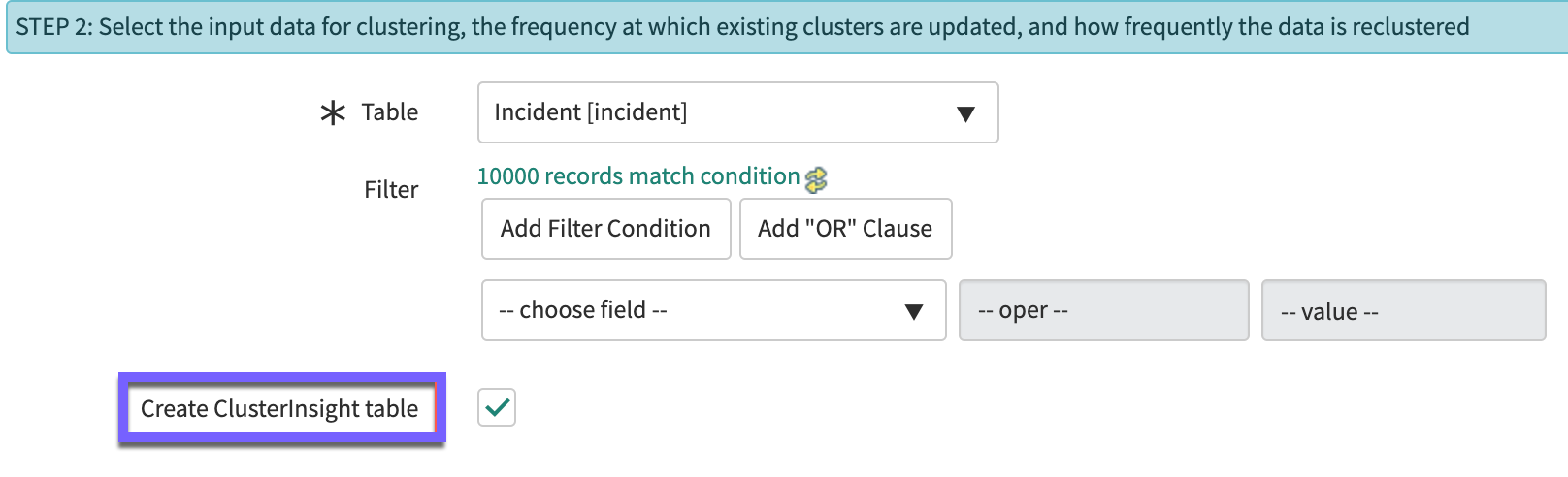 Create Cluster Insight table check box in the Clustering Definition page.