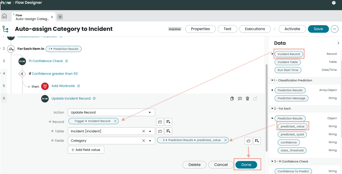This image shows users how to configure and save the Update Record action