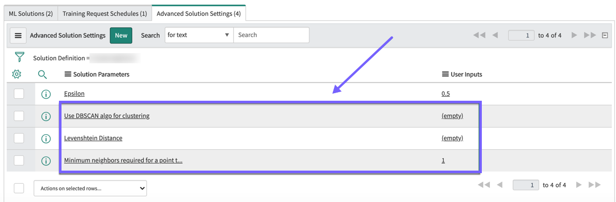 The three solution parameters you configured on the Advanced Solution Settings section of your clustering solution.