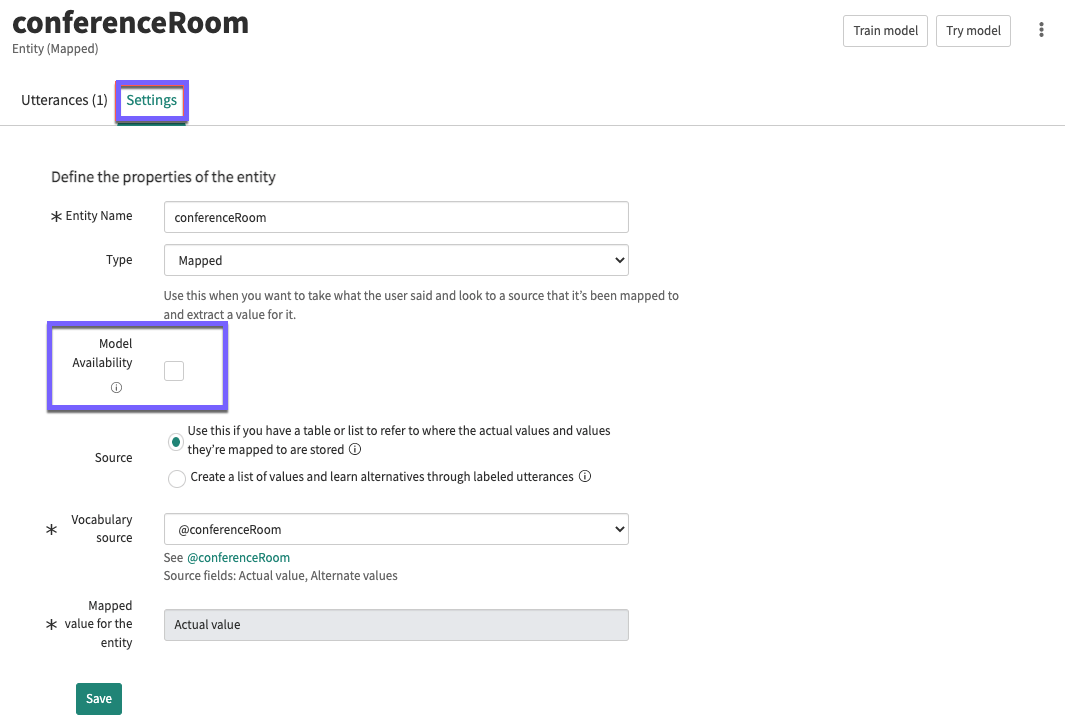 Settings tab of the Entity details page. Check the Model Availability box to make it available to all intents in the model.