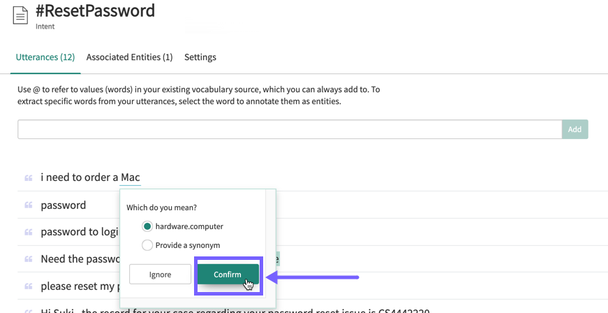 Example utterance showing the options users can choose to define the pre-built vocabulary: by choosing the system recommendation or by entering a synonym for the word.
