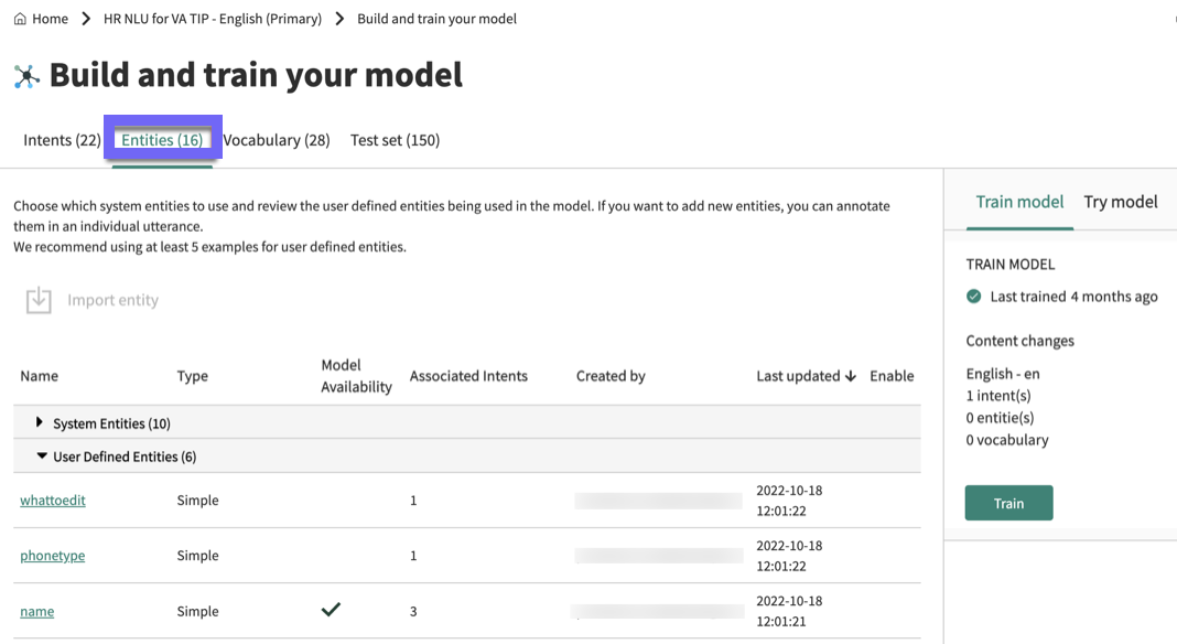 The Entities tab of the Build and train your model phase.