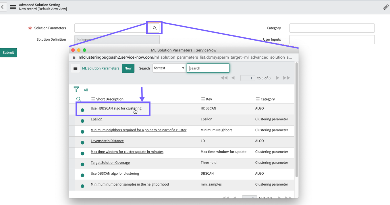 How to create the parameter record by selecting the Search button, and then selecting the HDBSCAN key's Short Description.