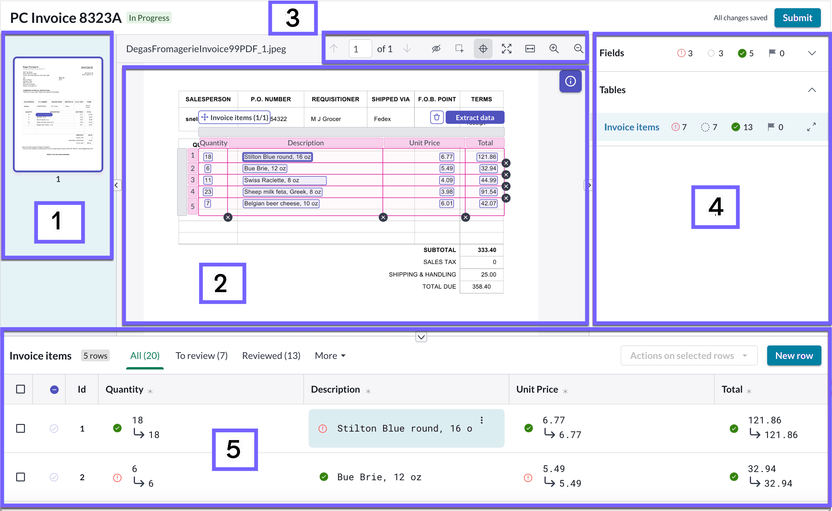 Areas of the Document Intelligence workspace for data extraction.