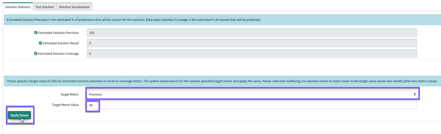 This image shows you how to set the Precision metric to 80%.