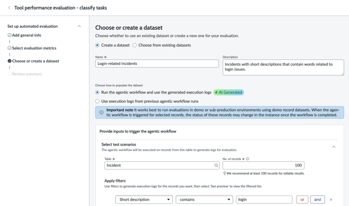 Tool performance dataset, using new logs, on the Incident table, 100 maximum records and a filter closed incidents that contain "login" in the short description.