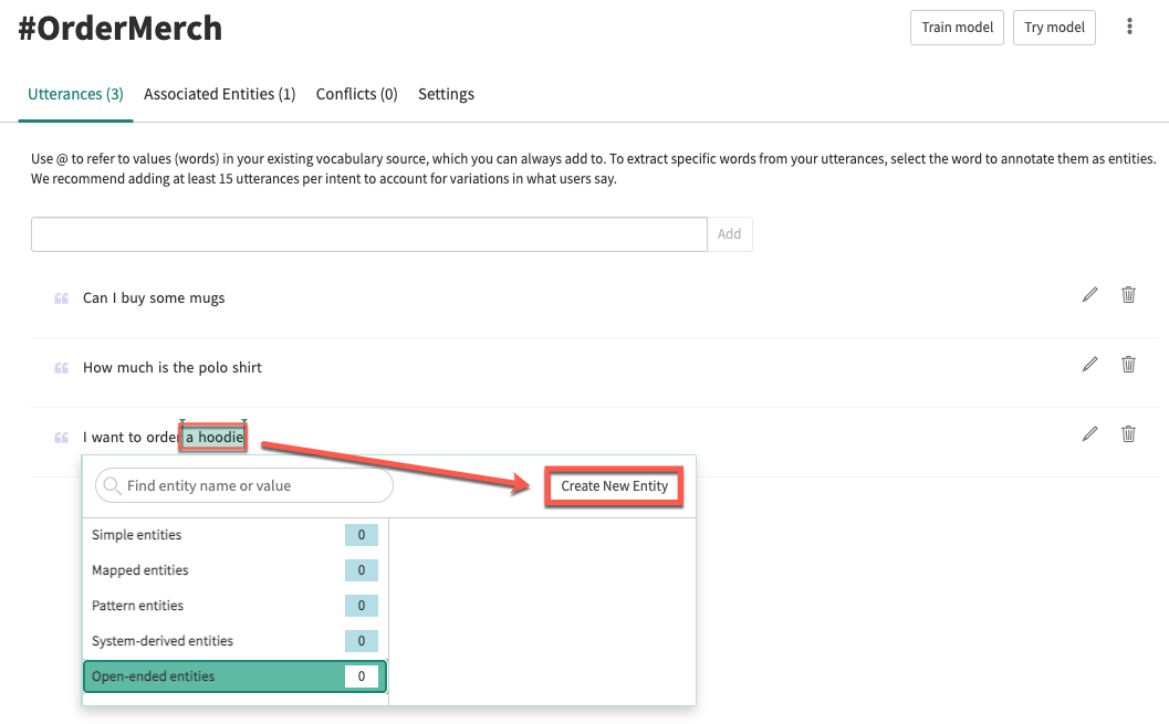 Entity window in the Utterances tab of the Intent details page.