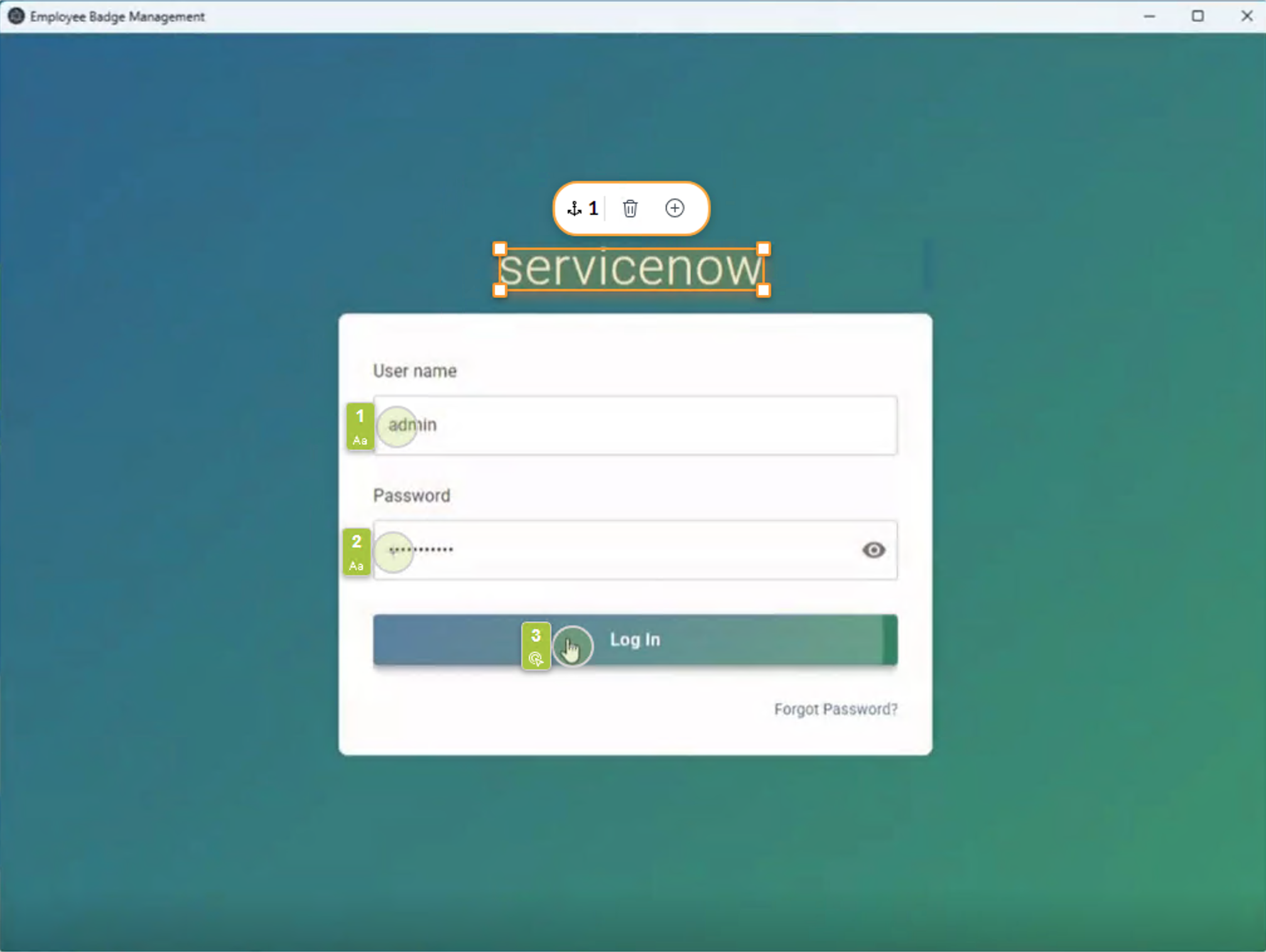 Employee badge management login window.
