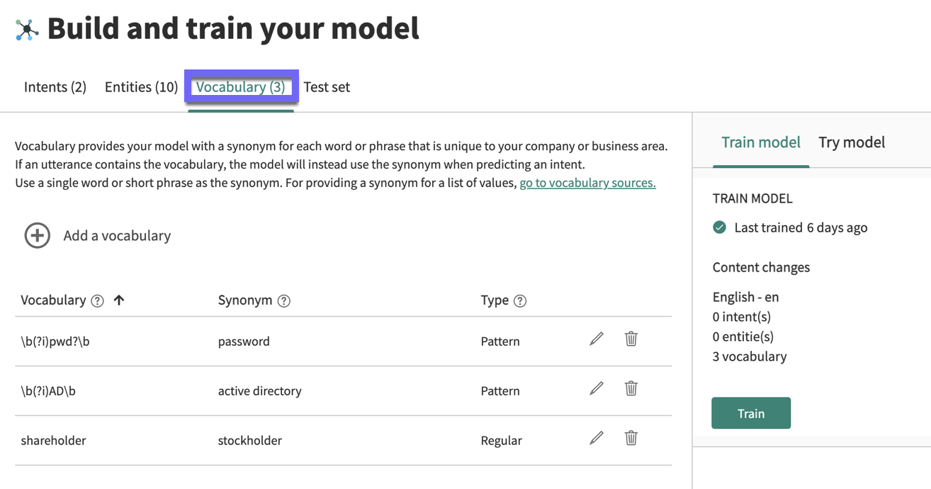 The Build and train your model phase with the Vocabulary tab highlighted.