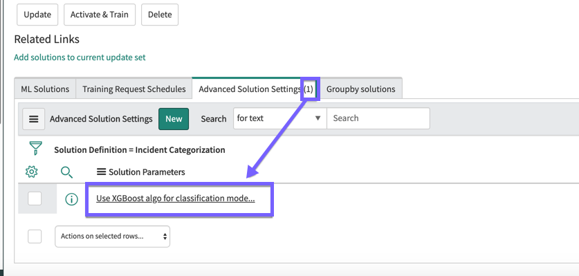 The Advanced Solution Setting parameter for XGBoost as configured on your classification solution definition form.