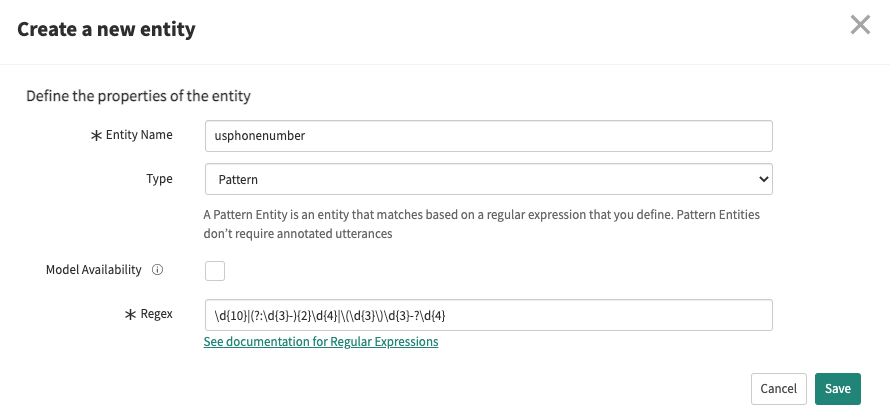 Create a pattern entity for a United States phone number.