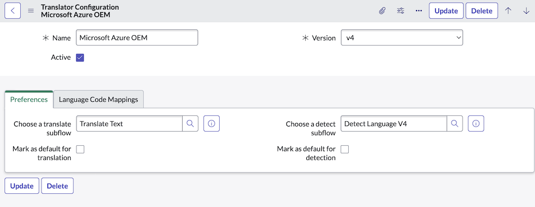 Dans la table Configurations de traducteur, l’enregistrement OEM Microsoft Azure