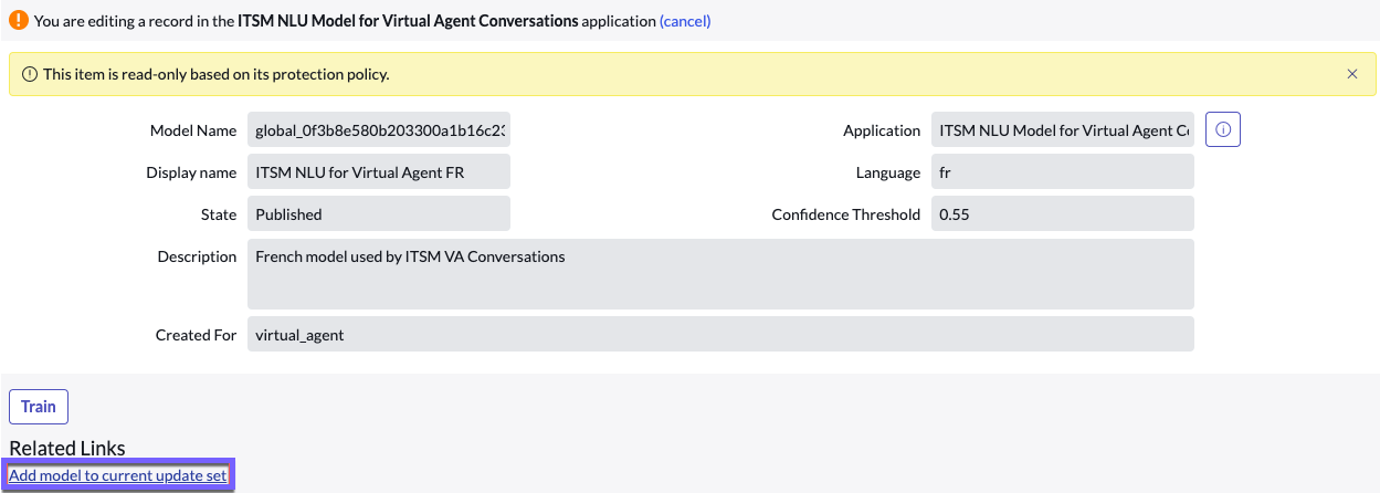 Model page with the add model to current update set button highlighted.