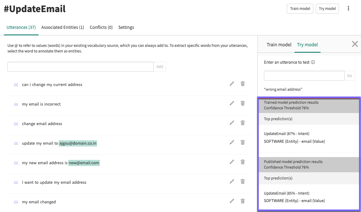 Intent page with the comparing prediction results feature in the test panel.