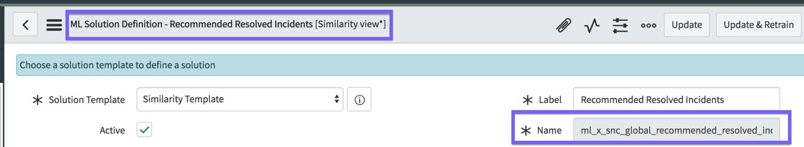 Show the user where to find the ML solution definition name