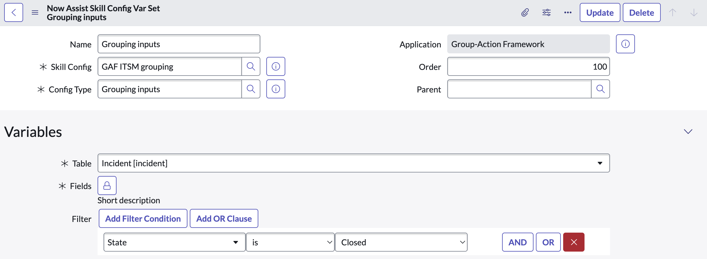 Now Assist Variable de configuration de la compétence Définir un enregistrement avec des variables définies sur la table Incident, le champ Description brève et le filtre L’état est fermé