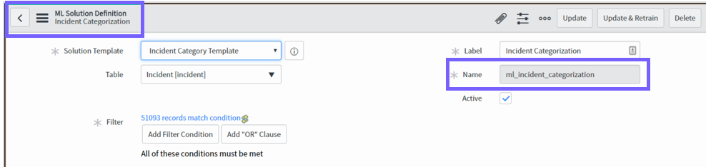 This image hows you where to find the Name field value in your ML Solution Definition Incident Categorization record.
