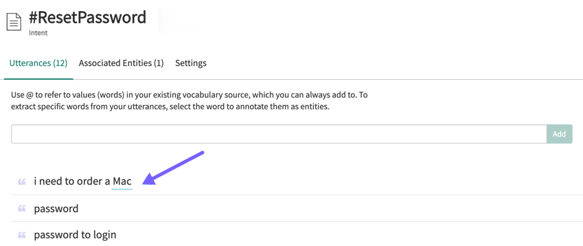 Example utterance showing how pre-built vocabulary appears with a blue line underneath the word.