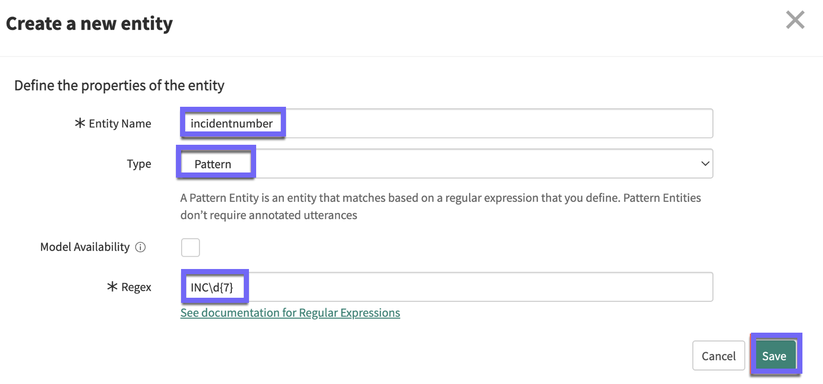 Create a new entity window for a pattern entity.