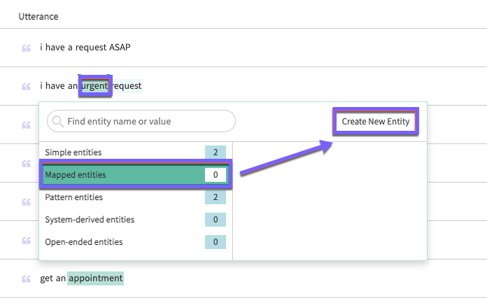 Create new entity button in the entity window in the utterances tab.