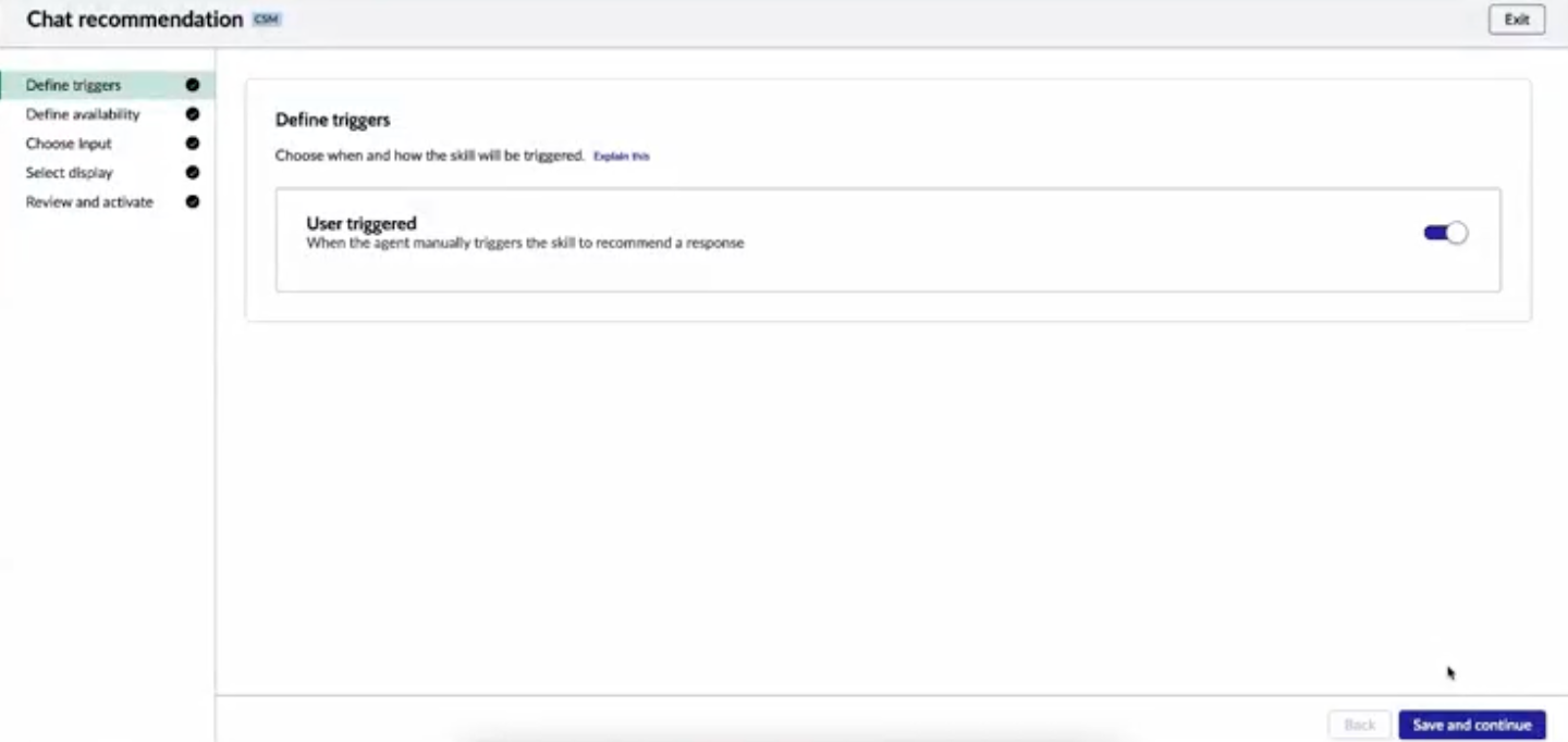 Déclencheurs sélectionnés pour Now Assist la recommandation de messagerie instantanée.