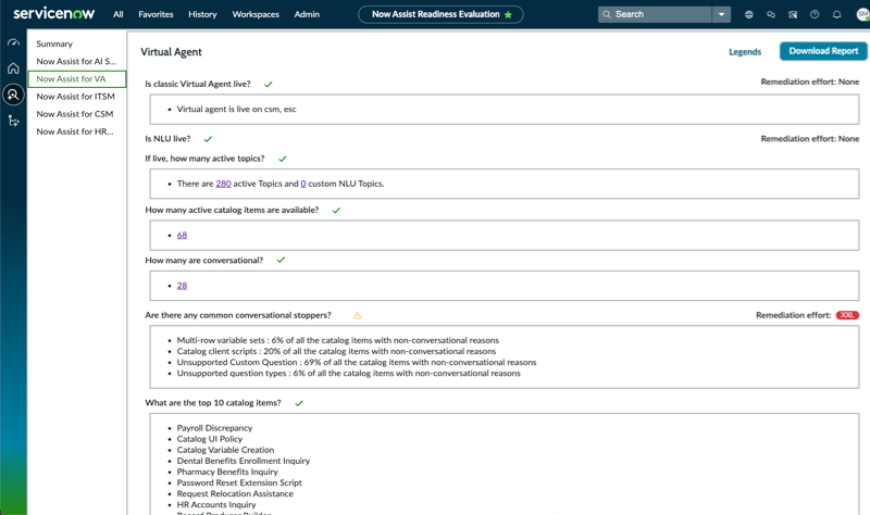 Now Assist for Virtual Agent assessment is shown, along with relevant Virtual Agent questions and answers.