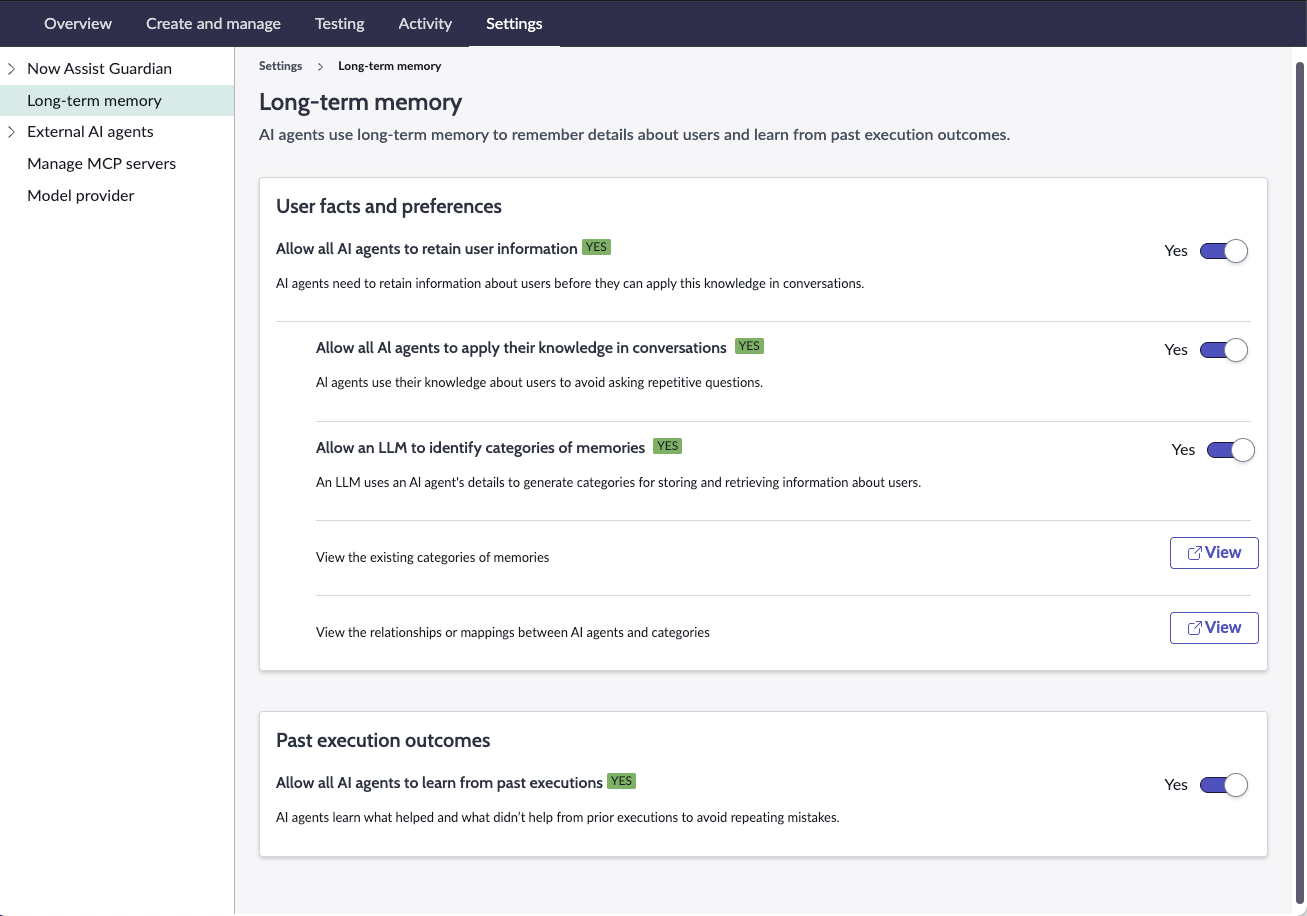 The Long-term memory settings page from AI Agent Studio.