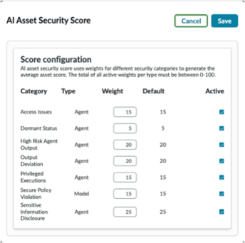 Configuration du score de sécurité de l’actif IA avec les pondérations par défaut affichées.