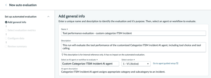 Catégoriser l’incident ITSM personnalisé Étape de configuration guidée de l’agent IA pour ajouter des informations générales avec le nom, la description et générer un plan de résolution en tant qu’agent IA sélectionné à l’aide de la version v1.