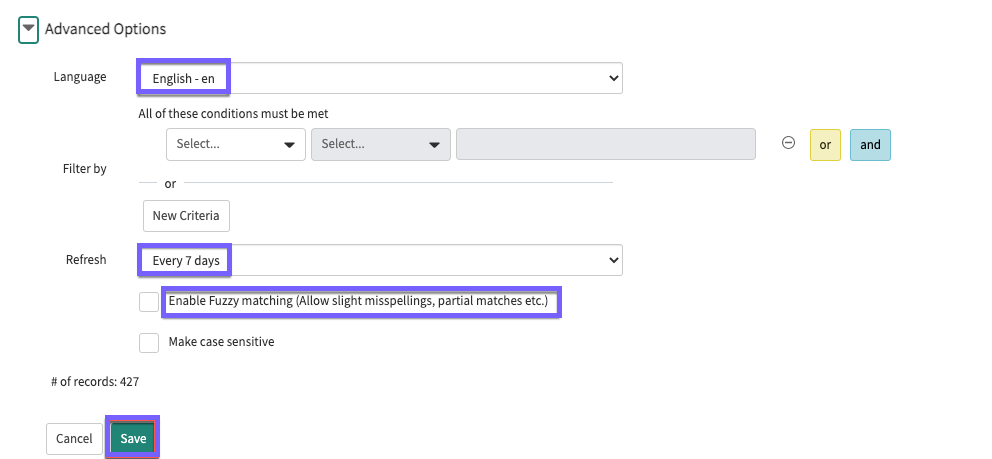 Advanced Options section of the Add a table to refer to page. Select a language, refresh time and any filters.
