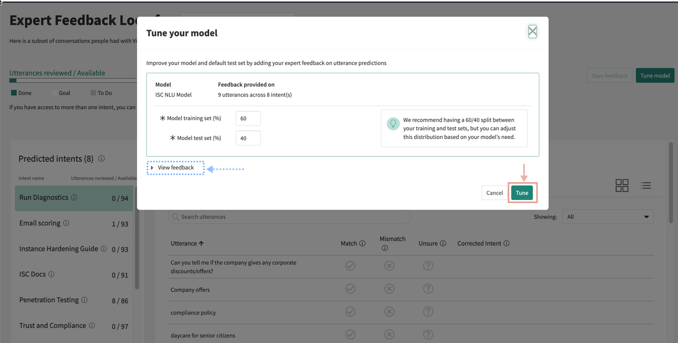 Set your percentage split values before you click the Tune button
