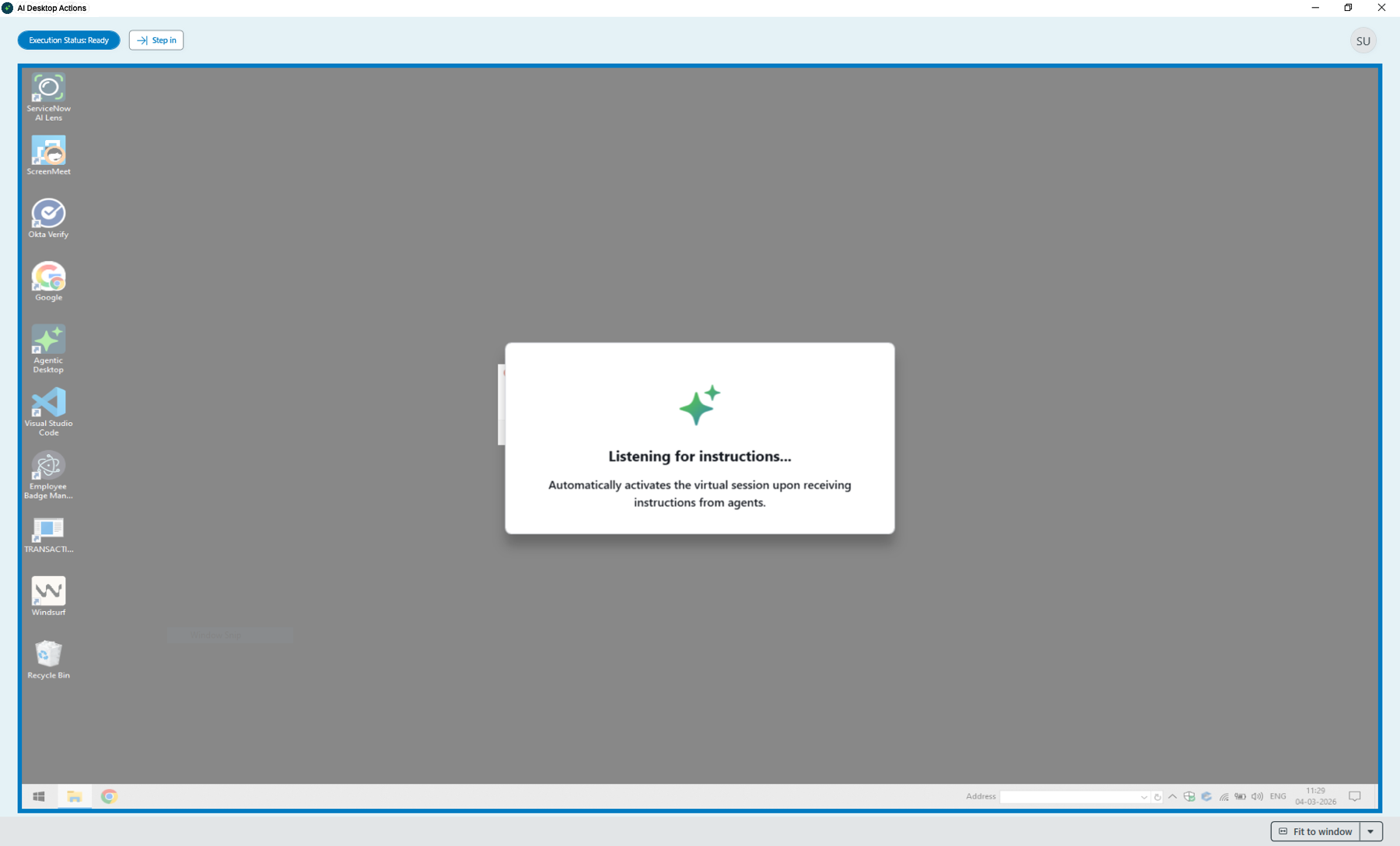 Agentic Desktop Execution workspace displaying "Listening for instructions" message for desktop session activation.