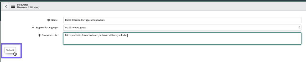 This image shows an example list of Brazilian Portuguese stopwords for your custom stopwords list.