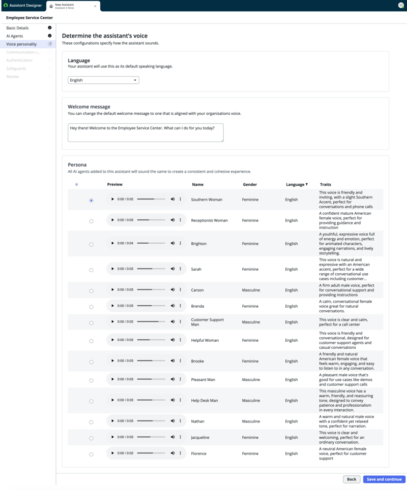 Sélection de la personnalité vocale pour créer un assistant vocal