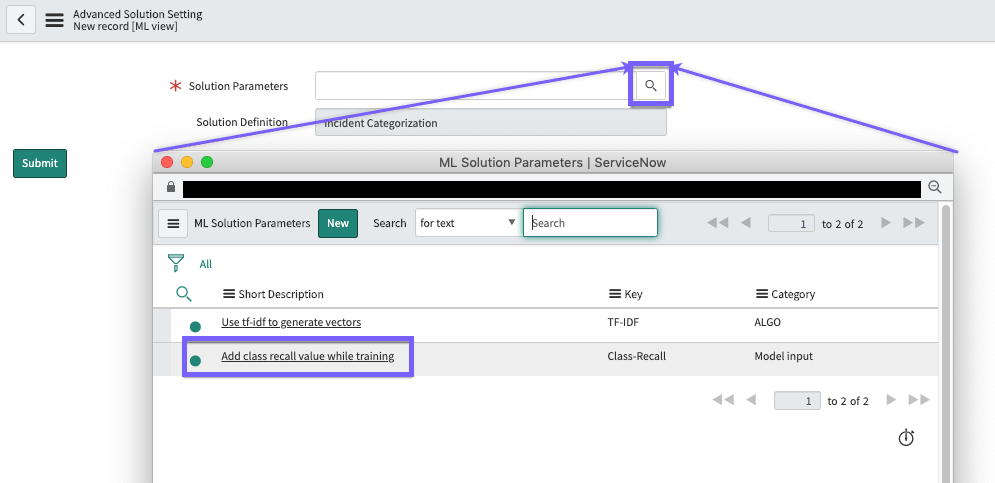 How to create the parameter record by selecting a Search value, and then selecting the Class-Recall key Short Description.